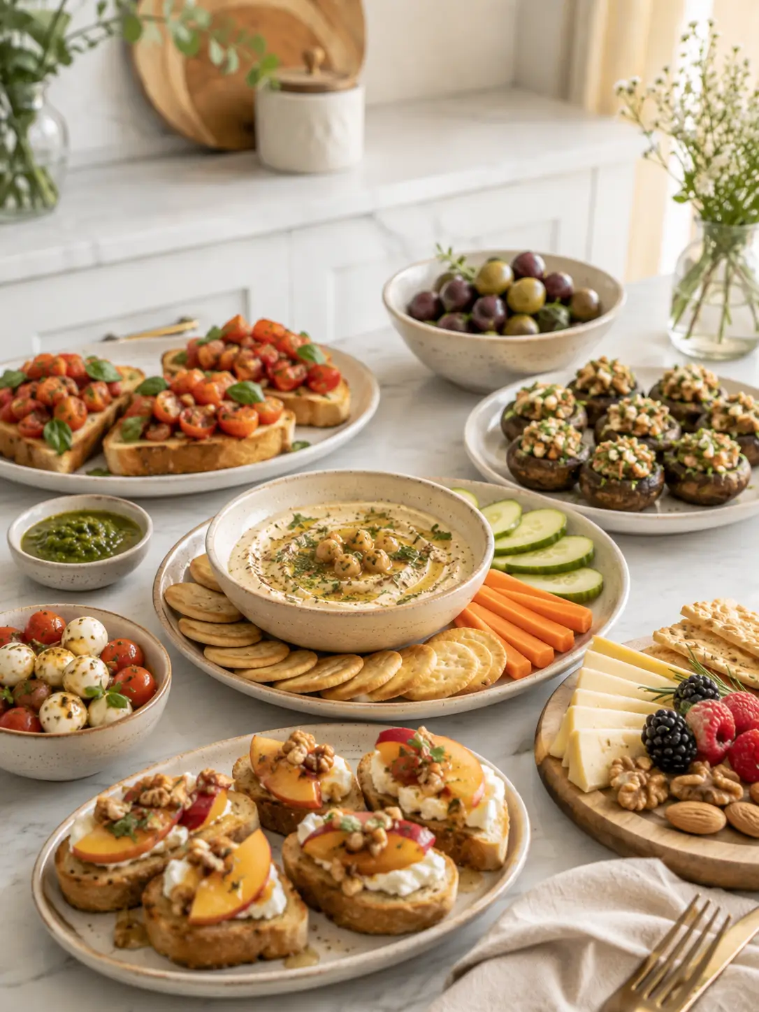 Appetizer recipes spread with bruschetta, hummus, crackers, vegetables, stuffed mushrooms, olives, crostini, cheese, berries, and nuts on a bright marble kitchen counter