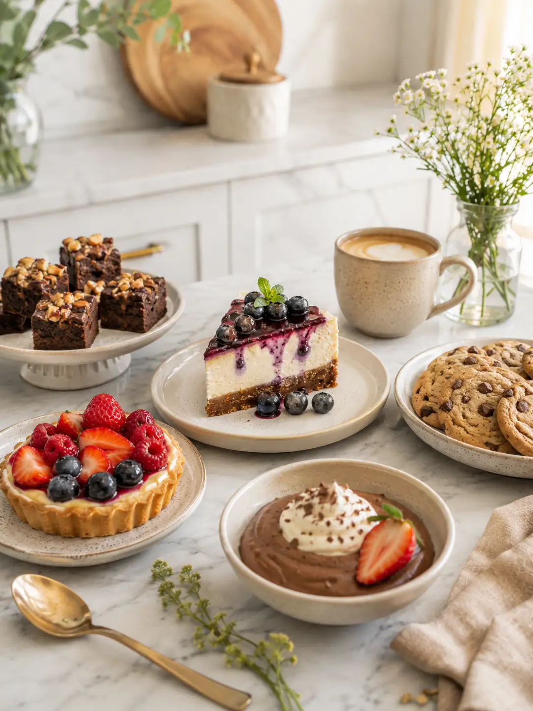 Dessert recipes spread with blueberry cheesecake, brownies, chocolate chip cookies, fruit tart, chocolate mousse, coffee, and fresh berries on a bright marble kitchen counter