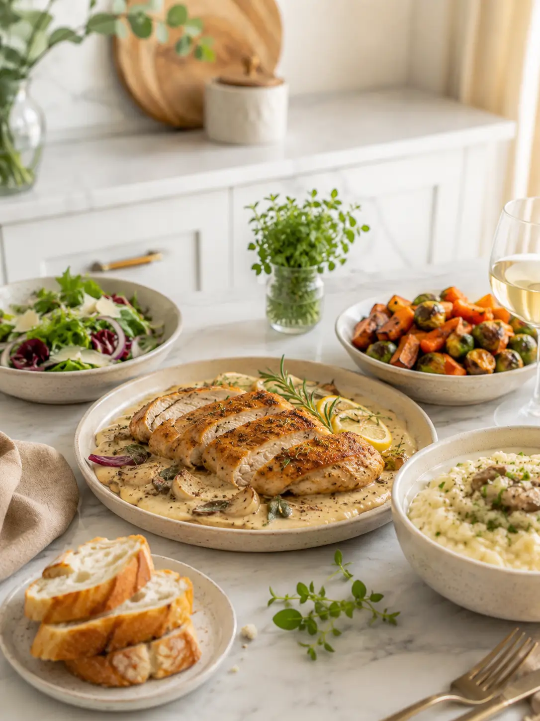 Dinner spread with roasted chicken in creamy sauce, salad, roasted vegetables, risotto, bread, and white wine on a bright marble kitchen counter