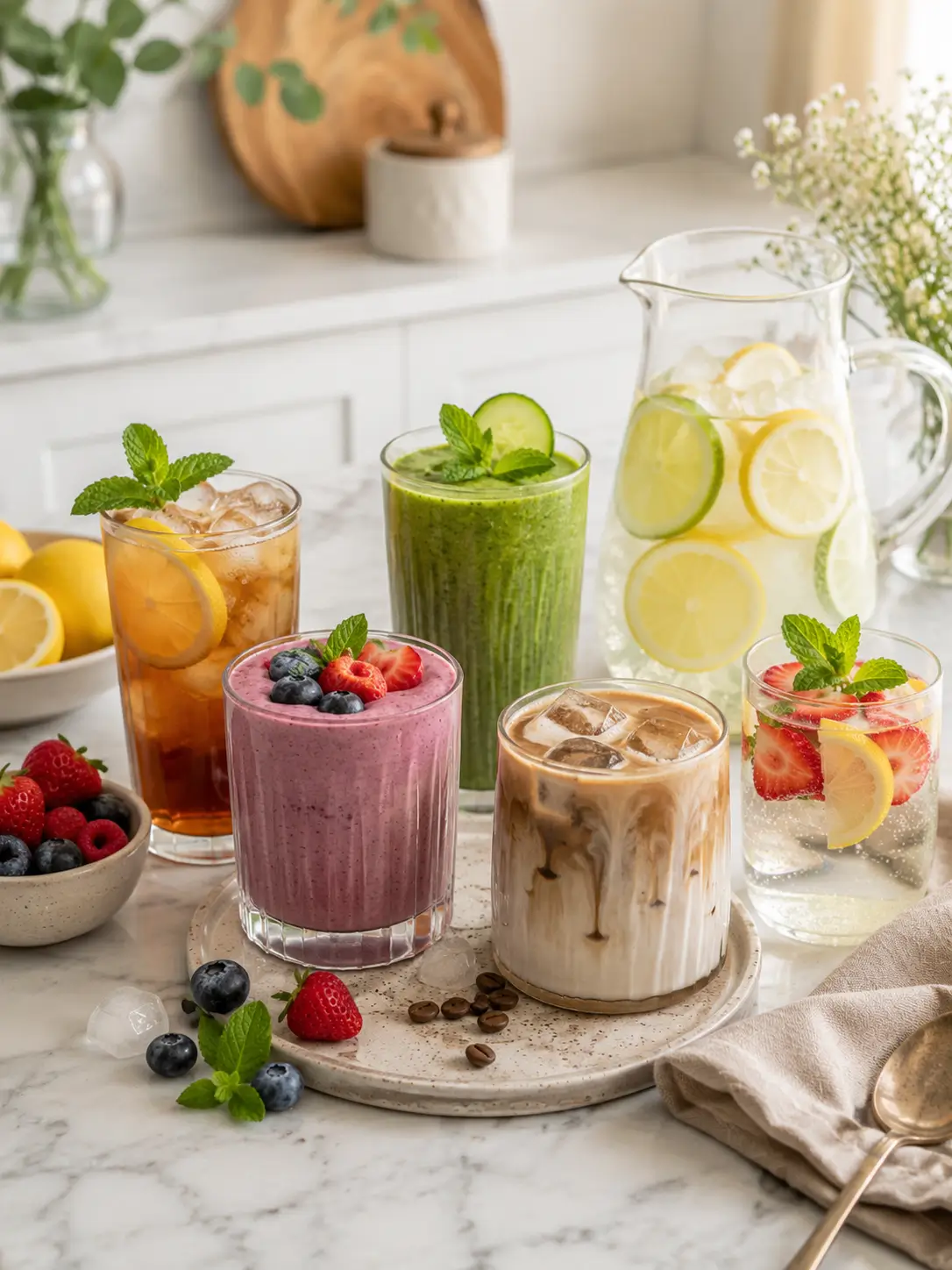 Drinks category image with iced tea, berry smoothie, green smoothie, iced coffee, lemonade pitcher, and sparkling fruit water on a bright marble kitchen counter