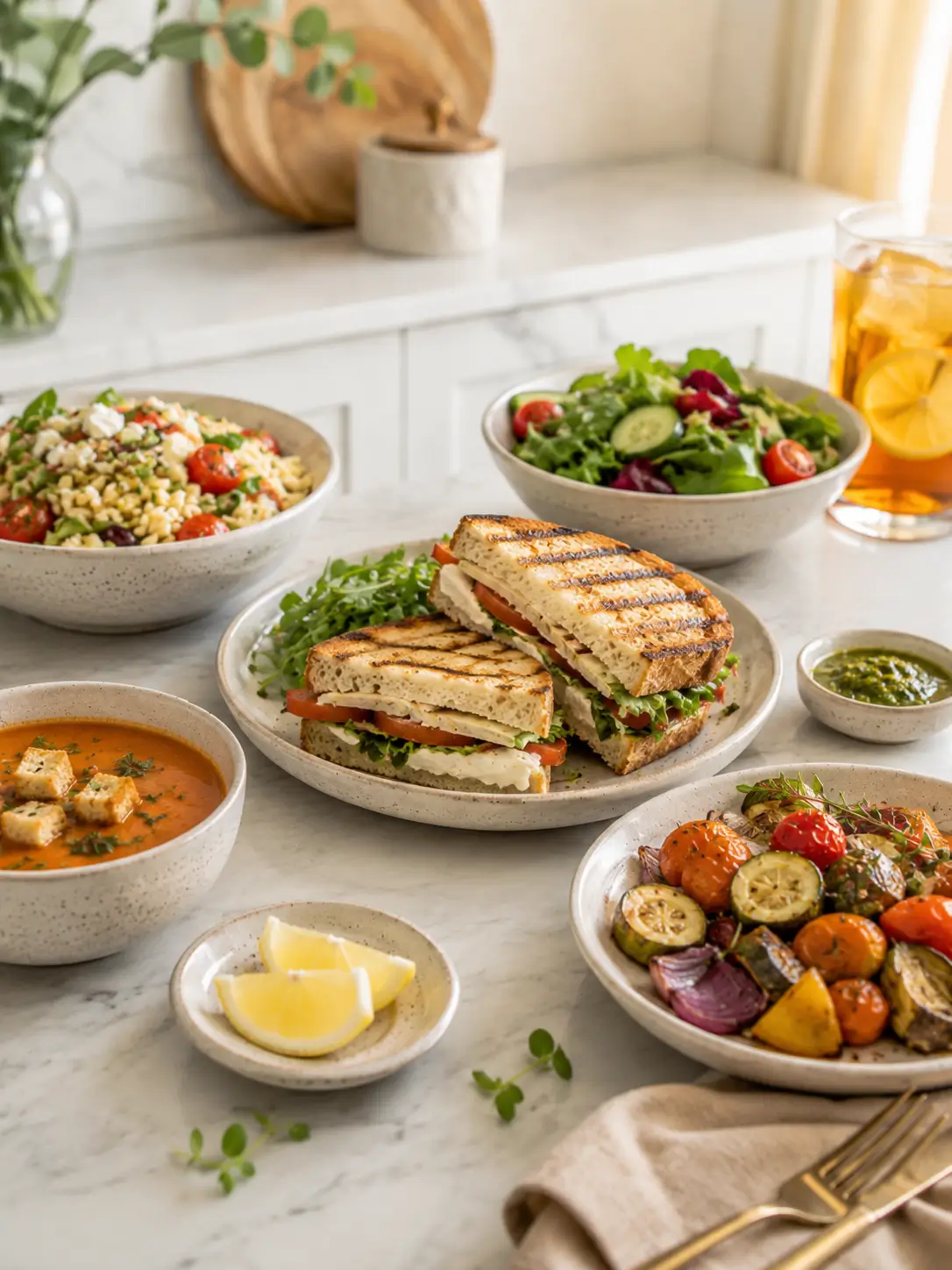 Lunch recipes spread with grilled sandwich, green salad, grain bowl, tomato soup, roasted vegetables, lemon wedges, and iced tea on a bright marble kitchen counter