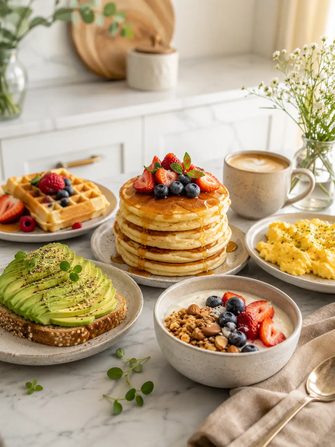 Breakfast spread with pancakes, waffles, avocado toast, scrambled eggs, yogurt bowl, berries, and coffee on a bright marble kitchen counter