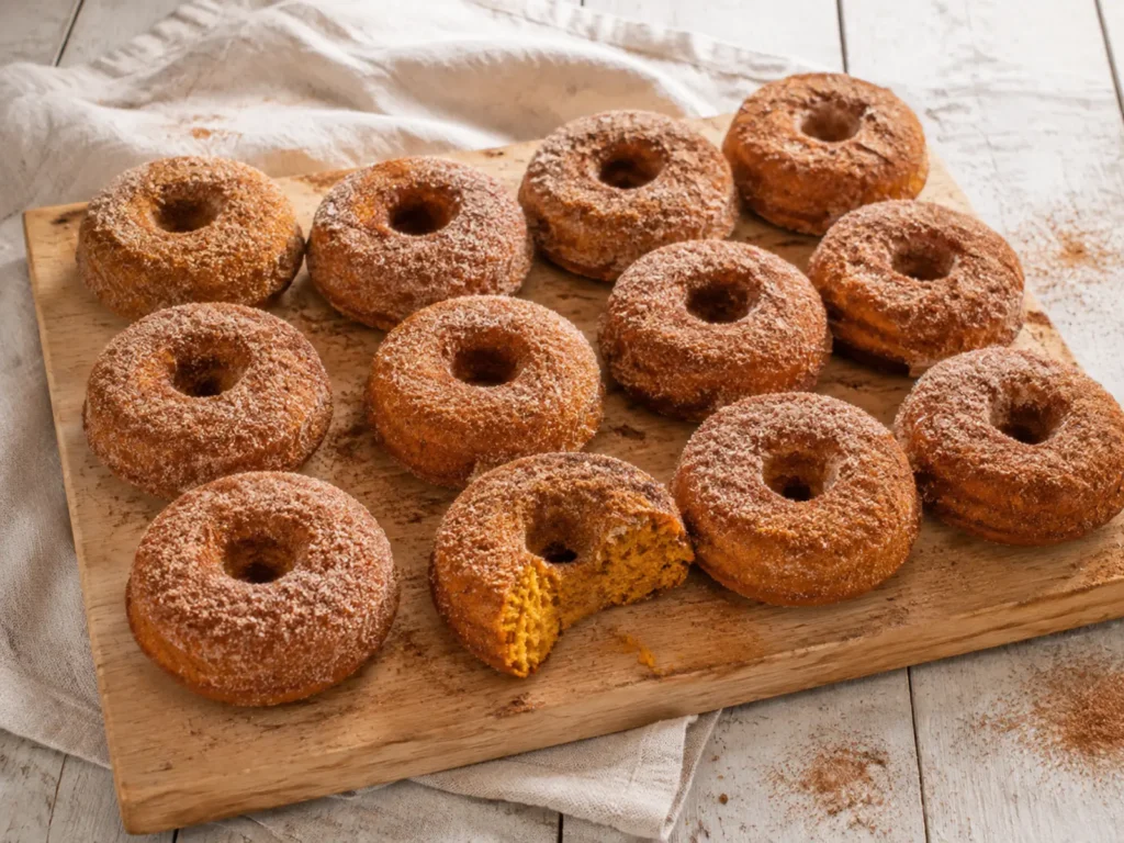 Baked Pumpkin Donuts with a soft orange crumb and cinnamon-sugar coating arranged on a neutral serving plate.