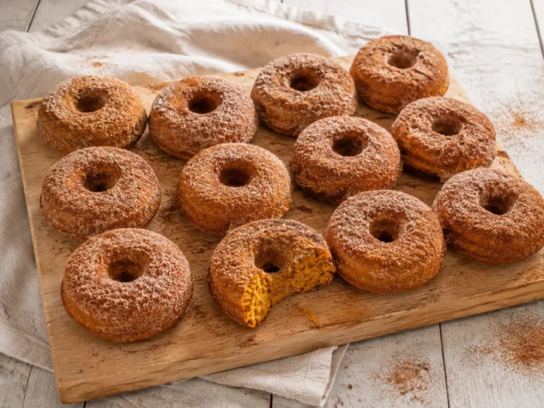 Baked Pumpkin Donuts with a soft orange crumb and cinnamon-sugar coating arranged on a neutral serving plate.