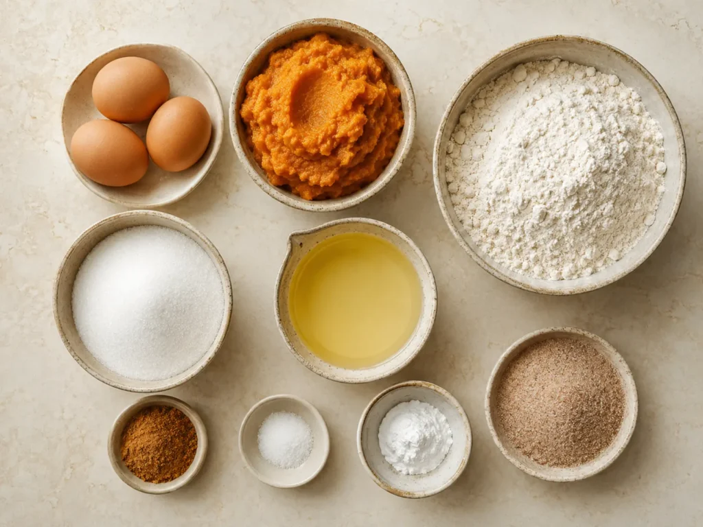 Ingredients for Baked Pumpkin Donuts including pumpkin puree, flour, eggs, vegetable oil, sugar, pumpkin pie spice, baking powder, salt, and cinnamon sugar.