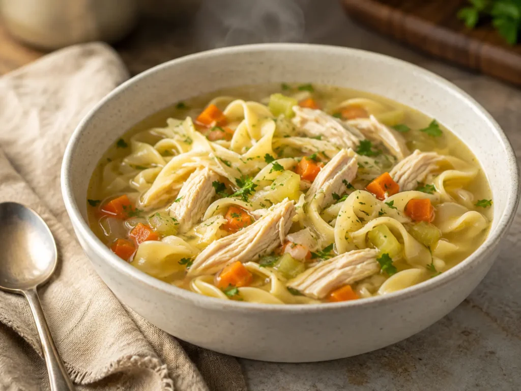 Chicken Noodle Soup with shredded chicken, egg noodles, carrots, celery, and parsley in a cream bowl on a warm rustic table.