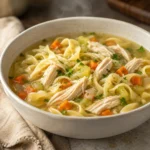 Chicken Noodle Soup with shredded chicken, egg noodles, carrots, celery, and parsley in a cream bowl on a warm rustic table.