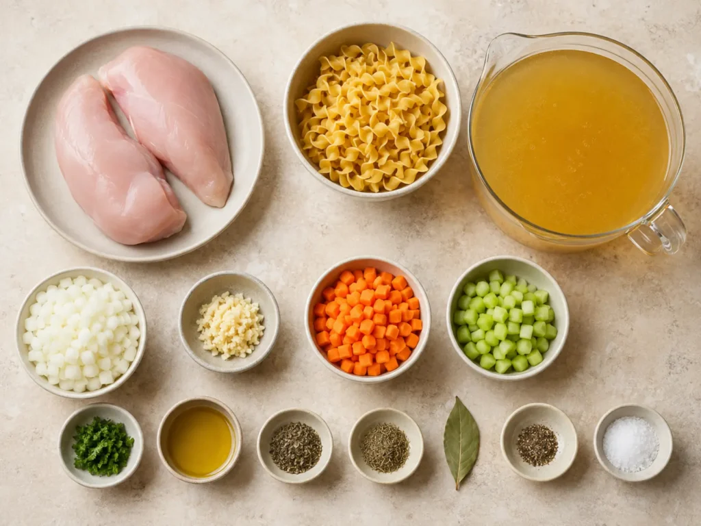 Ingredients for Chicken Noodle Soup arranged overhead, including chicken breasts, egg noodles, broth, onion, garlic, carrots, celery, parsley, olive oil, herbs, bay leaf, pepper, and salt.