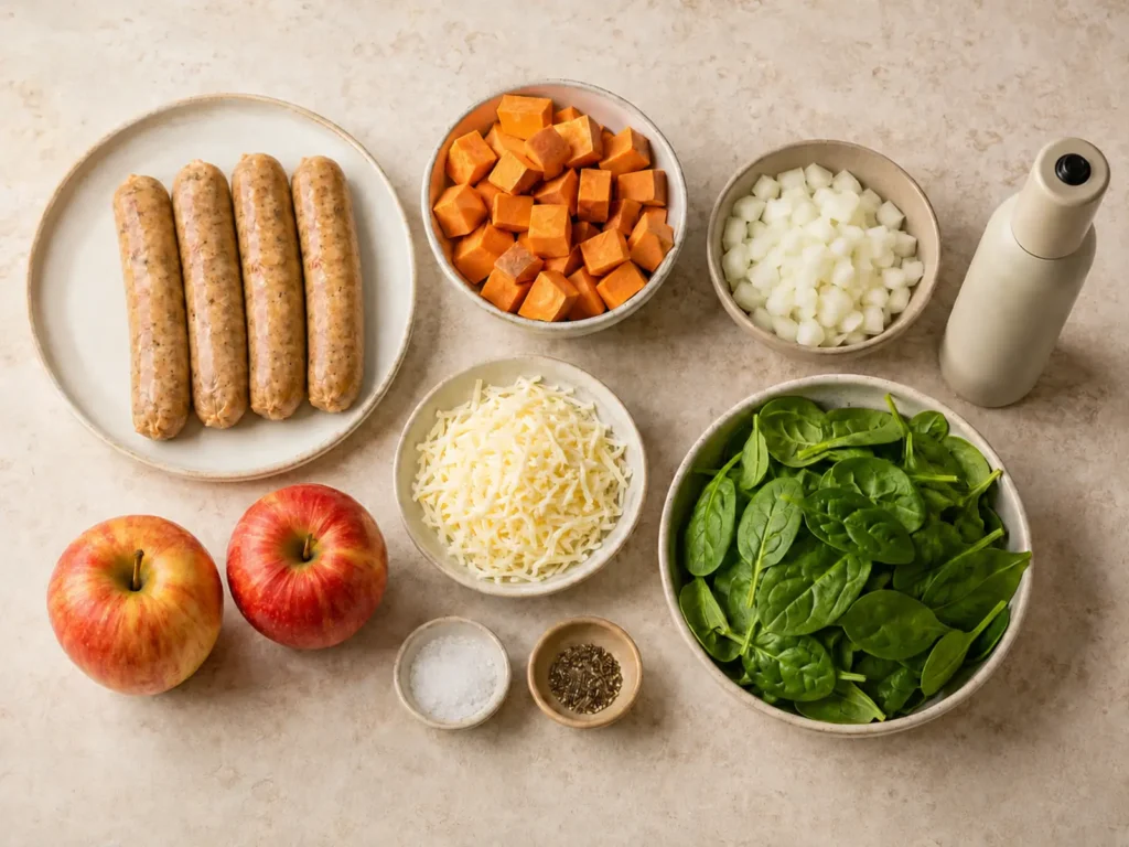Ingredients for Chicken Sausage Sweet Potato Skillet including four chicken sausage links, apples, sweet potato, onion, spinach, mozzarella, salt, and black pepper.