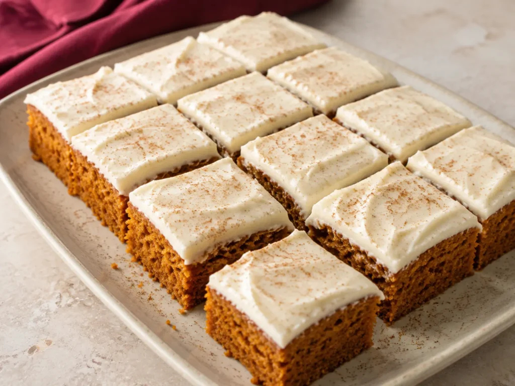 Pumpkin Bars topped with a smooth layer of cream cheese frosting and lightly dusted with cinnamon.