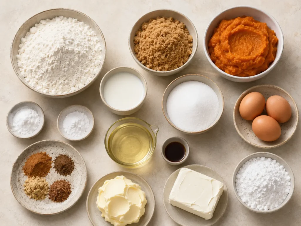 Ingredients for Pumpkin Bars including pumpkin puree, flour, eggs, brown sugar, warm spices, cream cheese, butter, and powdered sugar.
