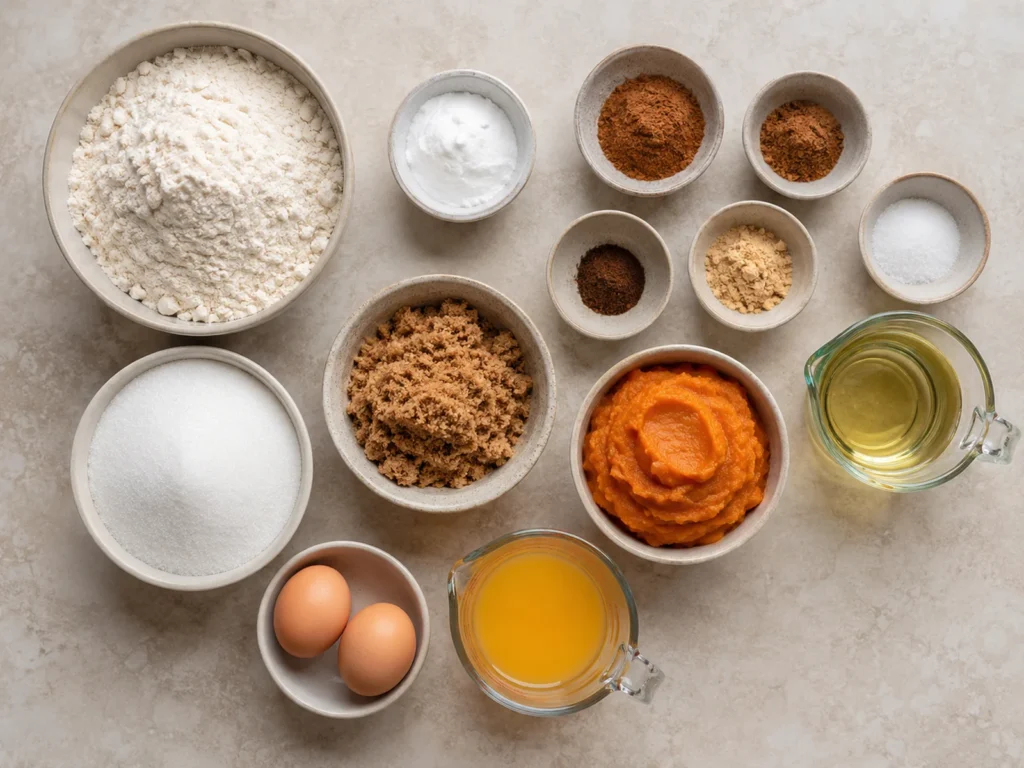 Ingredients for Pumpkin Bread including flour, pumpkin puree, eggs, brown and granulated sugars, vegetable oil, orange juice, baking soda, cinnamon, nutmeg, cloves, ginger, and salt.
