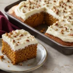 Pumpkin Cake slice with a moist cinnamon crumb and fluffy cream cheese frosting beside the frosted sheet cake.