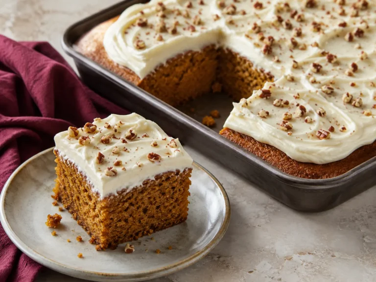 Pumpkin Cake slice with a moist cinnamon crumb and fluffy cream cheese frosting beside the frosted sheet cake.