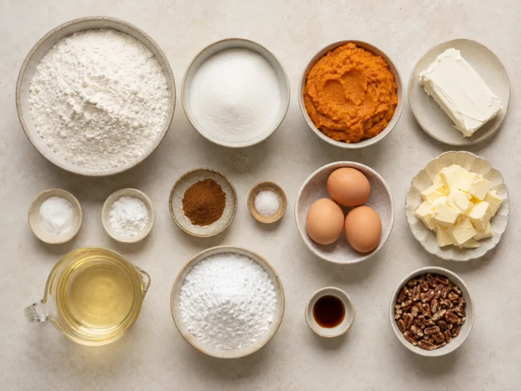 Ingredients for Pumpkin Cake including pumpkin puree, flour, eggs, neutral oil, sugar, cinnamon, cream cheese, butter, and powdered sugar.