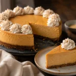 Pumpkin Cheesecake slice with a graham cracker crust and cinnamon whipped cream beside the whole chilled cheesecake.