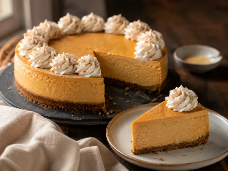 Pumpkin Cheesecake slice with a graham cracker crust and cinnamon whipped cream beside the whole chilled cheesecake.