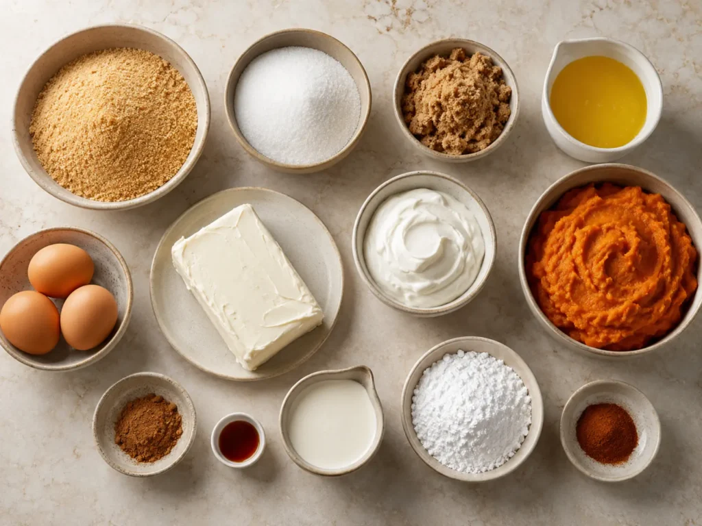 Ingredients for Pumpkin Cheesecake including graham crumbs, pumpkin puree, cream cheese, eggs, sour cream, sugars, spices, butter, and heavy cream.