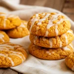 Pumpkin Cookies with soft cake-like centers and a set vanilla icing drizzle on a parchment-lined serving tray.