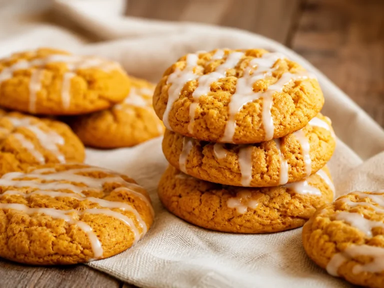 Pumpkin Cookies with soft cake-like centers and a set vanilla icing drizzle on a parchment-lined serving tray.