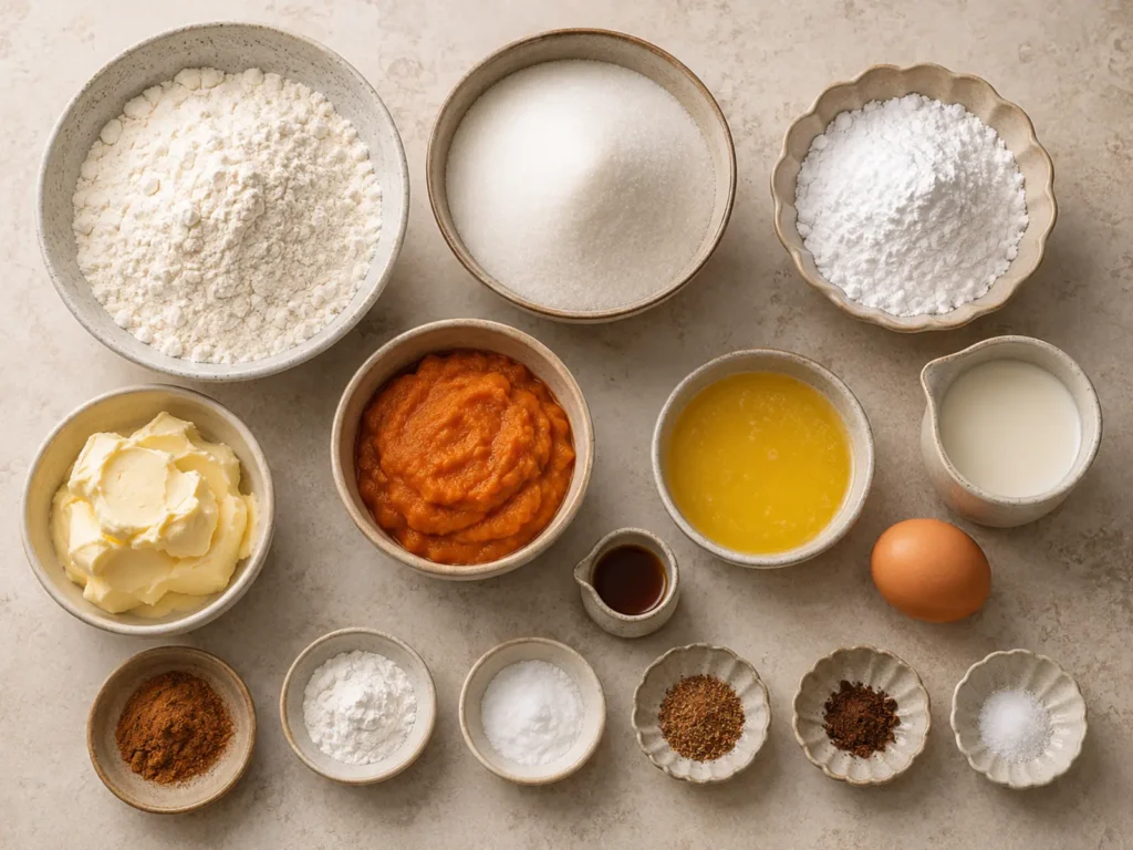 Ingredients for Pumpkin Cookies including pumpkin puree, flour, butter, egg, sugar, cinnamon, nutmeg, cloves, milk, and powdered sugar.