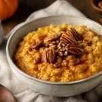 Creamy Pumpkin Oatmeal in a white bowl topped with pecans, maple syrup, and pumpkin spice on a warm autumn table.