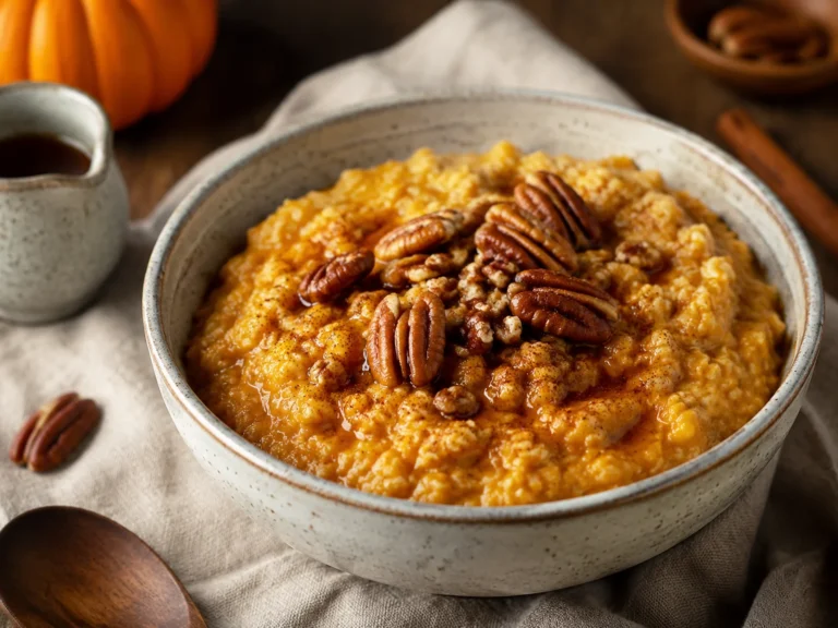 Creamy Pumpkin Oatmeal in a white bowl topped with pecans, maple syrup, and pumpkin spice on a warm autumn table.