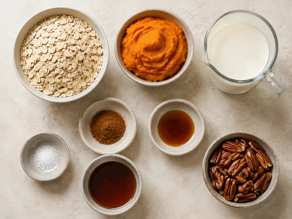 Overhead ingredient layout for Pumpkin Oatmeal with rolled oats, pumpkin puree, milk, maple syrup, pumpkin pie spice, alcohol-free vanilla flavoring, salt, and pecans in separate bowls.