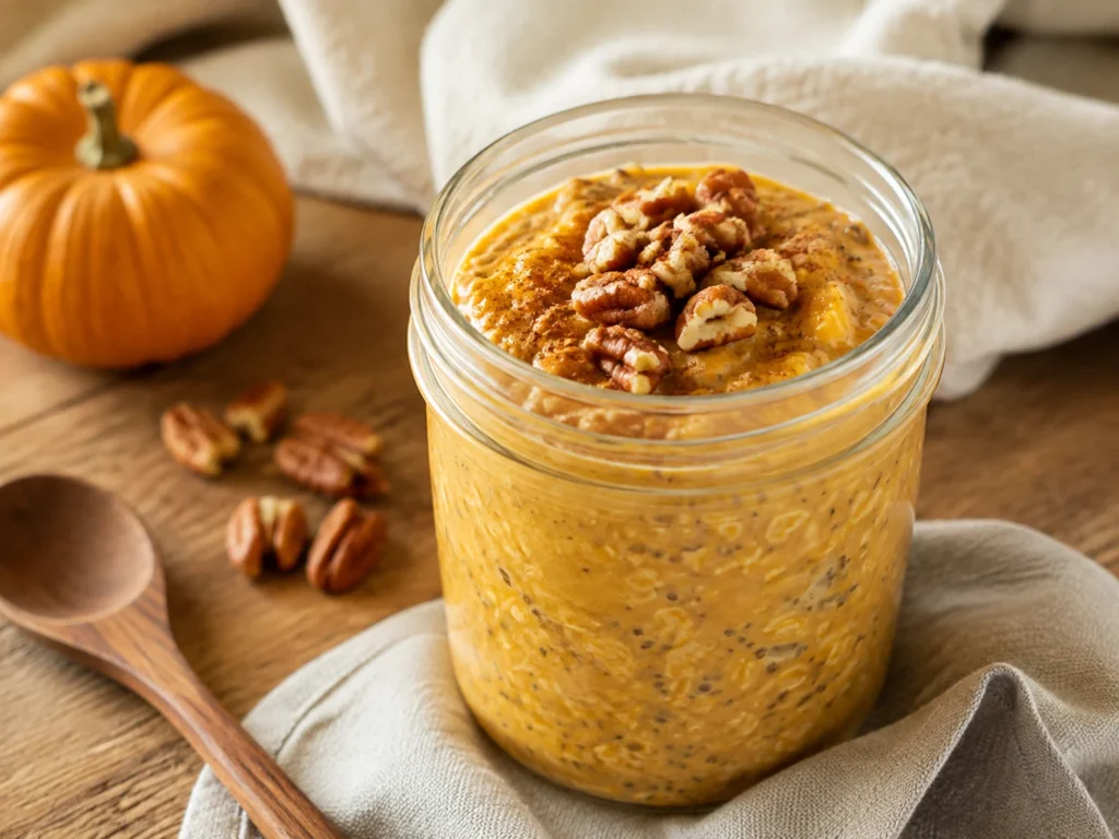 Creamy Pumpkin Overnight Oats in glass jars topped with pecans and pumpkin spice on a warm autumn breakfast table