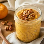 Creamy Pumpkin Overnight Oats in glass jars topped with pecans and pumpkin spice on a warm autumn breakfast table