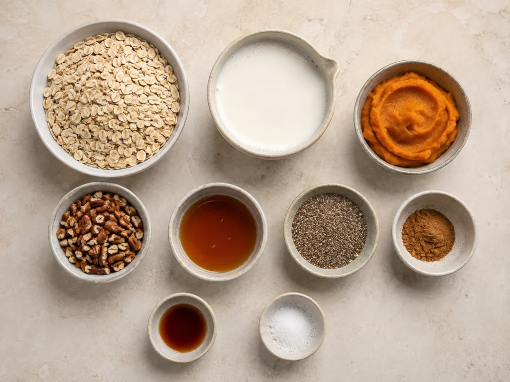 Overhead ingredient layout for Pumpkin Overnight Oats with rolled oats, pumpkin puree, milk, maple syrup, pecans, chia seeds, pumpkin pie spice, alcohol-free vanilla flavoring, and salt.