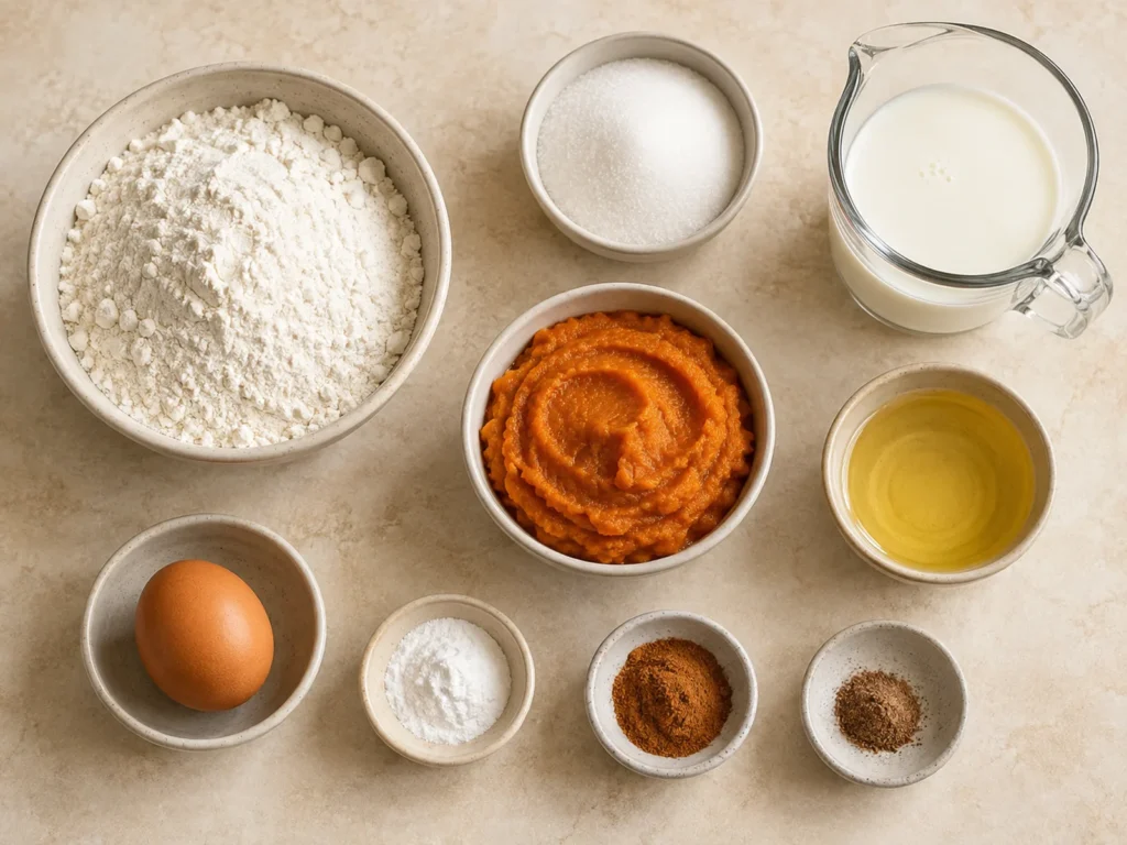 Ingredients for Pumpkin Pancakes including flour, sugar, baking powder, cinnamon, nutmeg, milk, pumpkin puree, one egg, and vegetable oil.