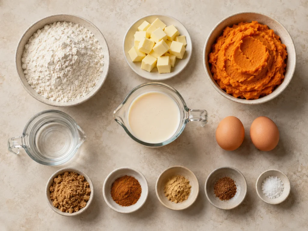 Ingredients for Pumpkin Pie including flour, cold butter, water, cooked pumpkin, evaporated milk, eggs, brown sugar, cinnamon, ginger, nutmeg, and salt.