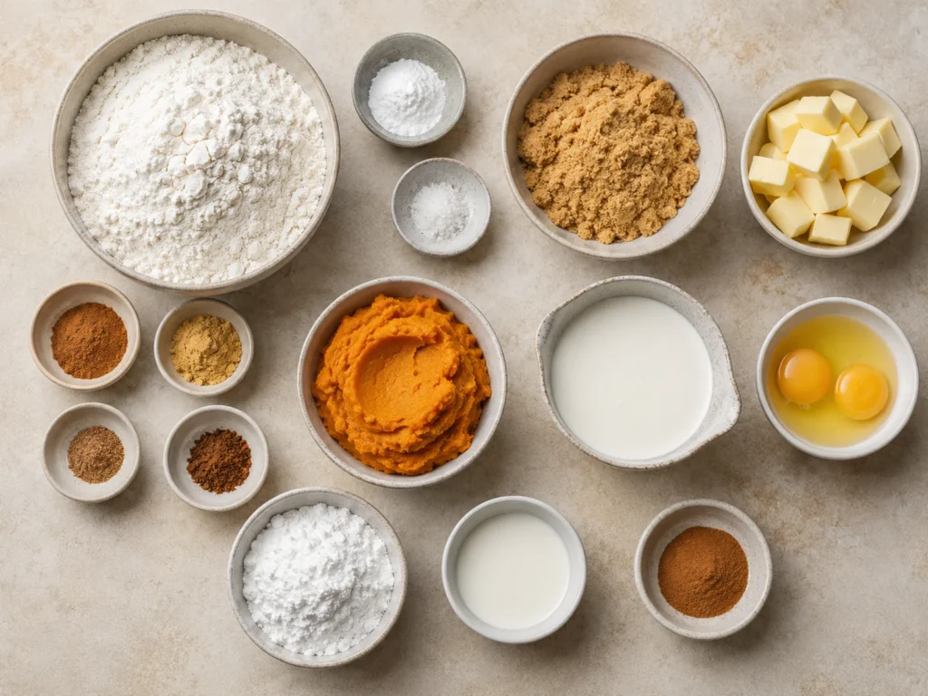 Overhead arrangement of Pumpkin Scones ingredients with flour, leaveners, fall spices, brown sugar, cold butter, pumpkin puree, cream, eggs, powdered sugar, and milk.