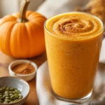 Creamy Pumpkin Smoothie in a clear glass topped with cinnamon beside pumpkin slices on a warm autumn breakfast table.