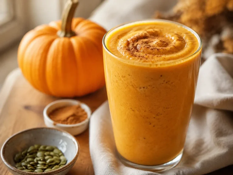 Creamy Pumpkin Smoothie in a clear glass topped with cinnamon beside pumpkin slices on a warm autumn breakfast table.