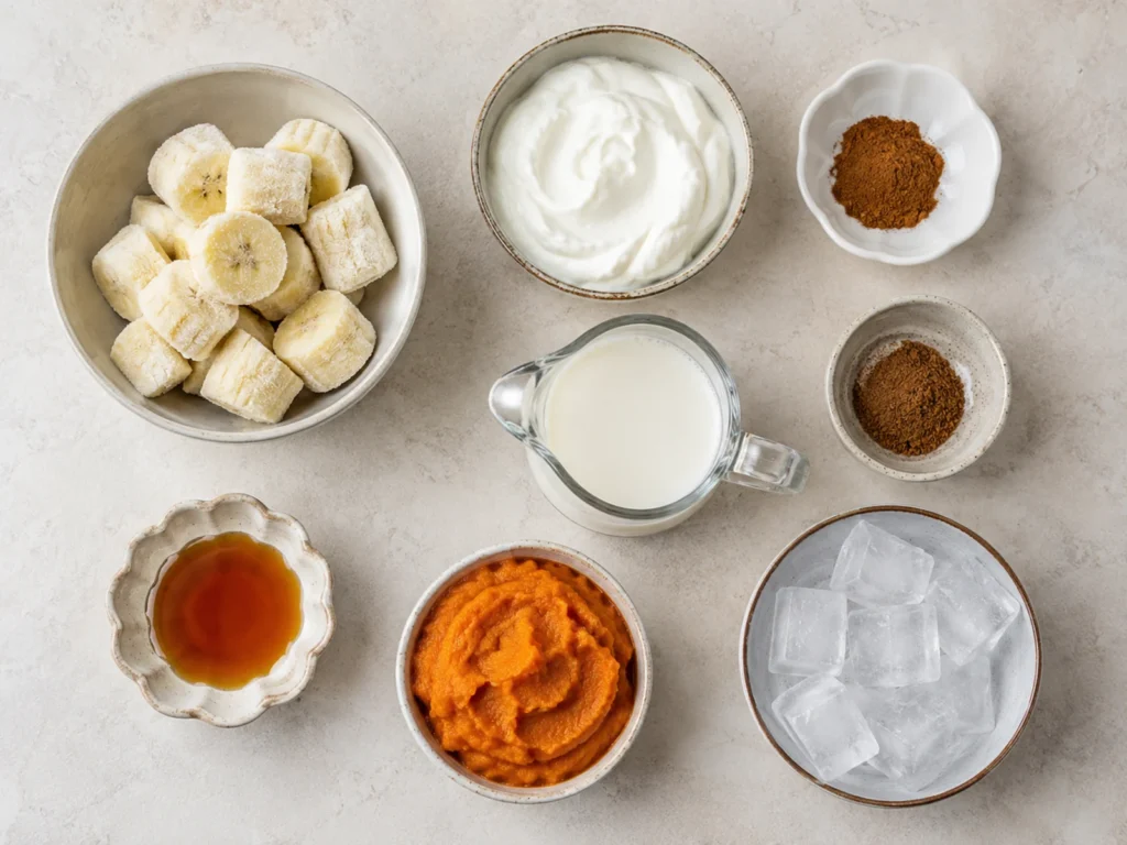 Overhead ingredient layout for Pumpkin Smoothie with pumpkin puree, frozen banana, vanilla Greek yogurt, milk, maple syrup, cinnamon, pumpkin pie spice, and ice in separate bowls.