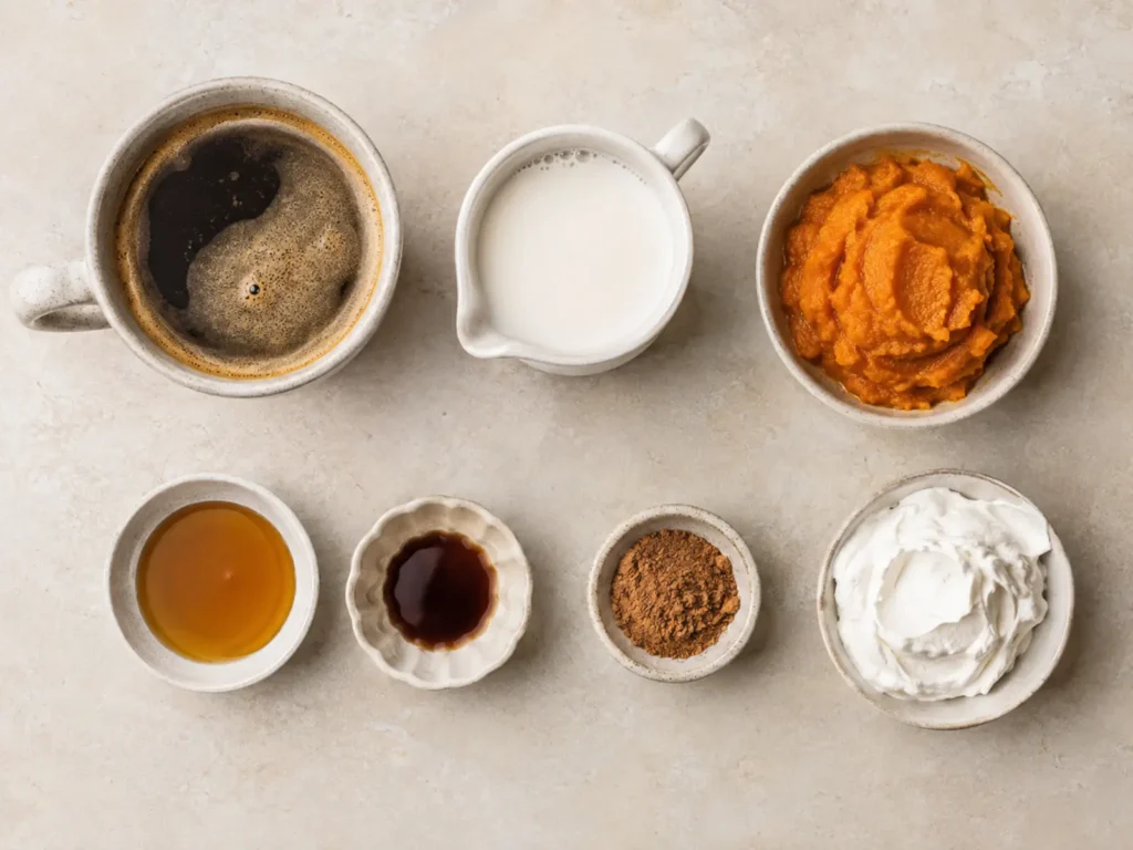 Overhead arrangement of Pumpkin Spice Latte ingredients with strong coffee, milk, pumpkin puree, maple syrup, alcohol-free vanilla flavoring, pumpkin pie spice, and whipped cream.