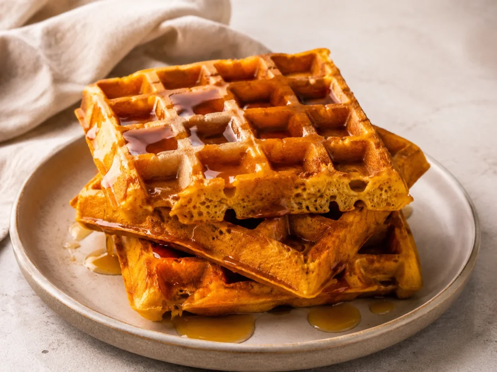 Pumpkin Waffles with warm pumpkin color and a freshly prepared texture