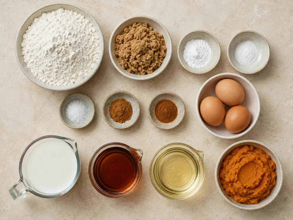 Ingredients for Pumpkin Waffles including flour, brown sugar, baking powder, baking soda, salt, pumpkin spice, cinnamon, eggs, milk, maple syrup, vegetable oil, and pumpkin puree.
