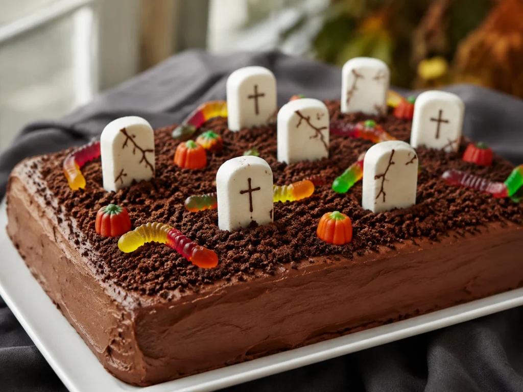 S’mores Graveyard Cake prepared and ready to serve in soft natural light.