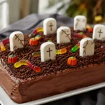 S’mores Graveyard Cake prepared and ready to serve in soft natural light.