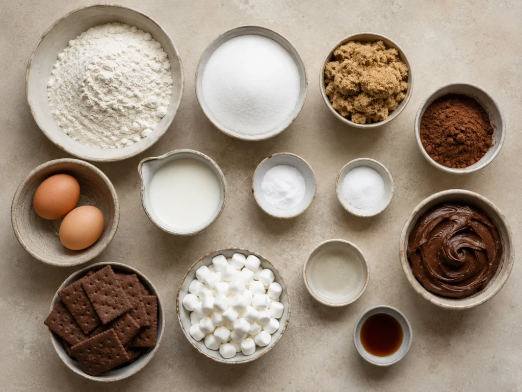 Measured ingredients arranged for making S’mores Graveyard Cake.